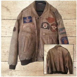 Vintage Brown Leather Bomber Patched Jacket
